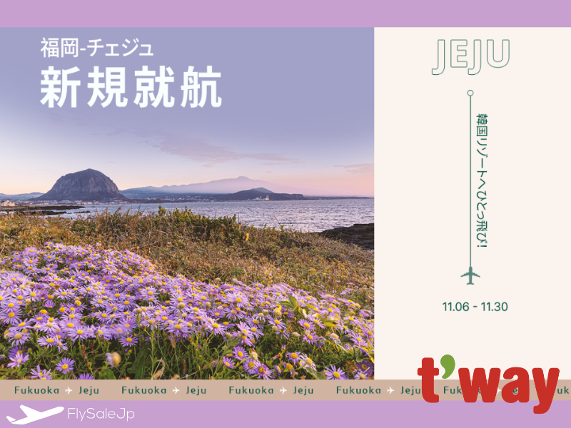 ティーウェイ航空 新路線＆クーポンセール 福岡→チェジュ 20％割引＋4,000円OFFクーポン 販売11月6日〜 搭乗12月20日〜2026年3月28日
