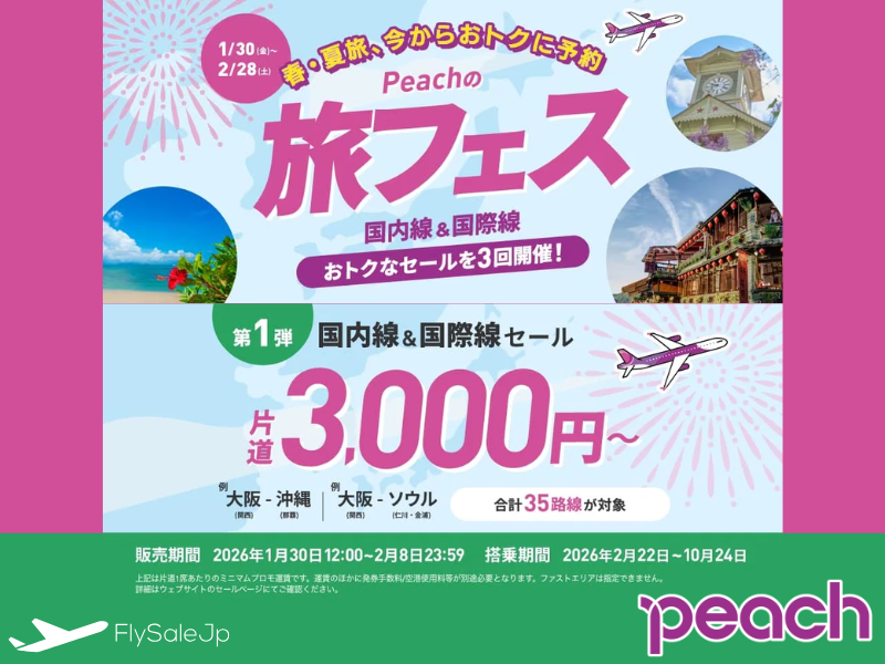 ピーチ トラベルフェスティバル開催｜片道3,000円〜（販売1月30日〜2月8日｜搭乗2月22日〜10月24日）