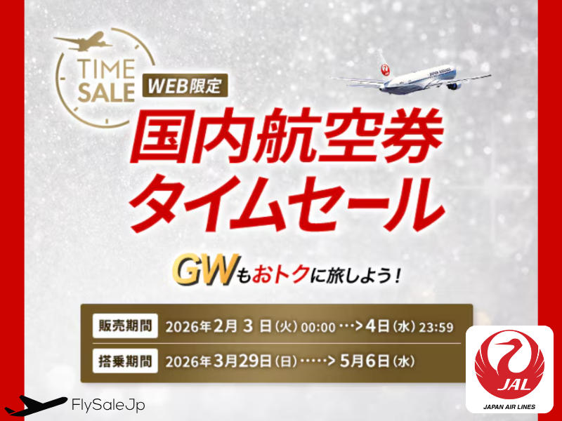 JAL 国内航空券タイムセール｜片道4,950円〜（販売2月3日0:00〜2月4日｜搭乗3月29日〜5月6日）